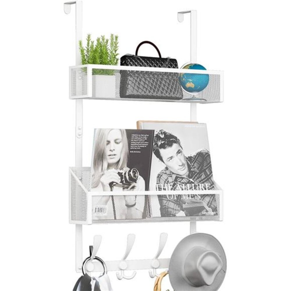 Over The Door Hooks Organizer,Coat Rack with 12 Hooks and 2 Mesh Baskets